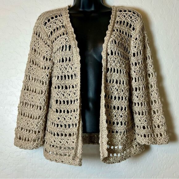 DANA BUCHMAN Tan Gold Shimmer Open Crochet open knit Open Cardigan 3/4 Sleeve XL - Picture 1 of 10